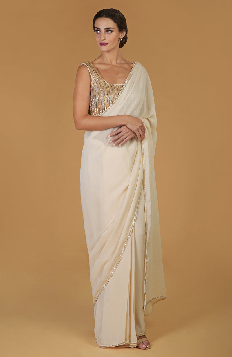Tara - Champagne Gold Hand Embroidered Saree & Blouse