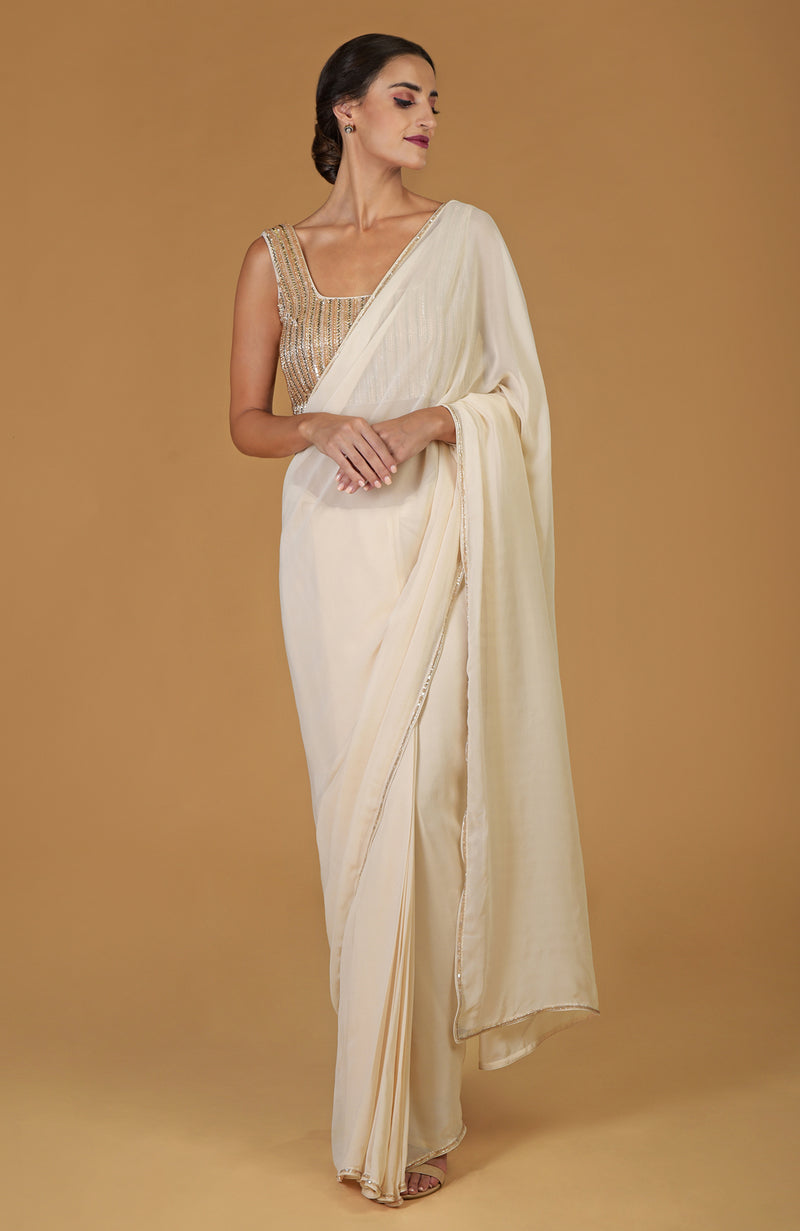 Tara - Champagne Gold Hand Embroidered Saree & Blouse