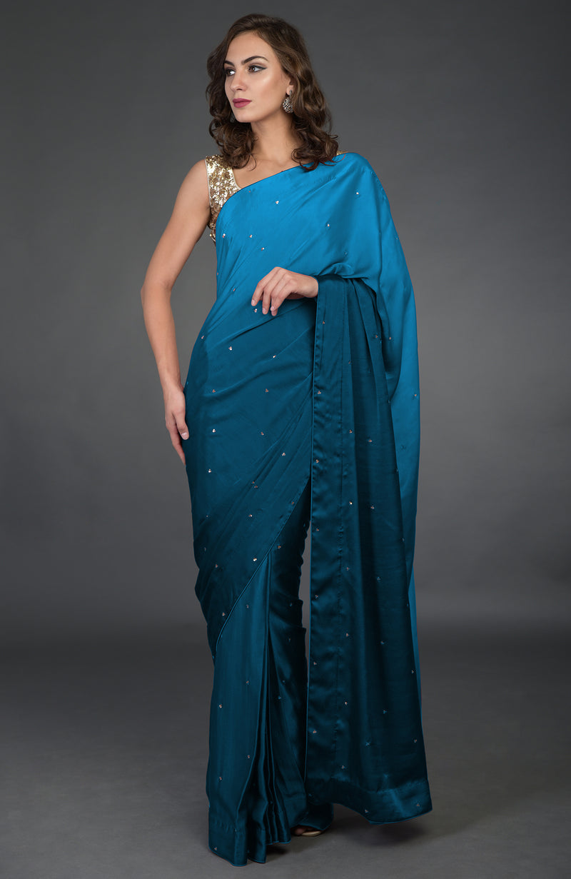 Peacock-Turquoise Ombre Sequin & Zardozi Hand Embroidered Saree