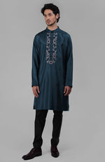 Teal Silk Kurta With Floral Embroidered Placket Detail