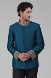 Teal Zardozi Hand Embroidered Silk Bandhgala Jacket Set