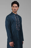 Teal Silk Kurta With Floral Embroidered Placket Detail