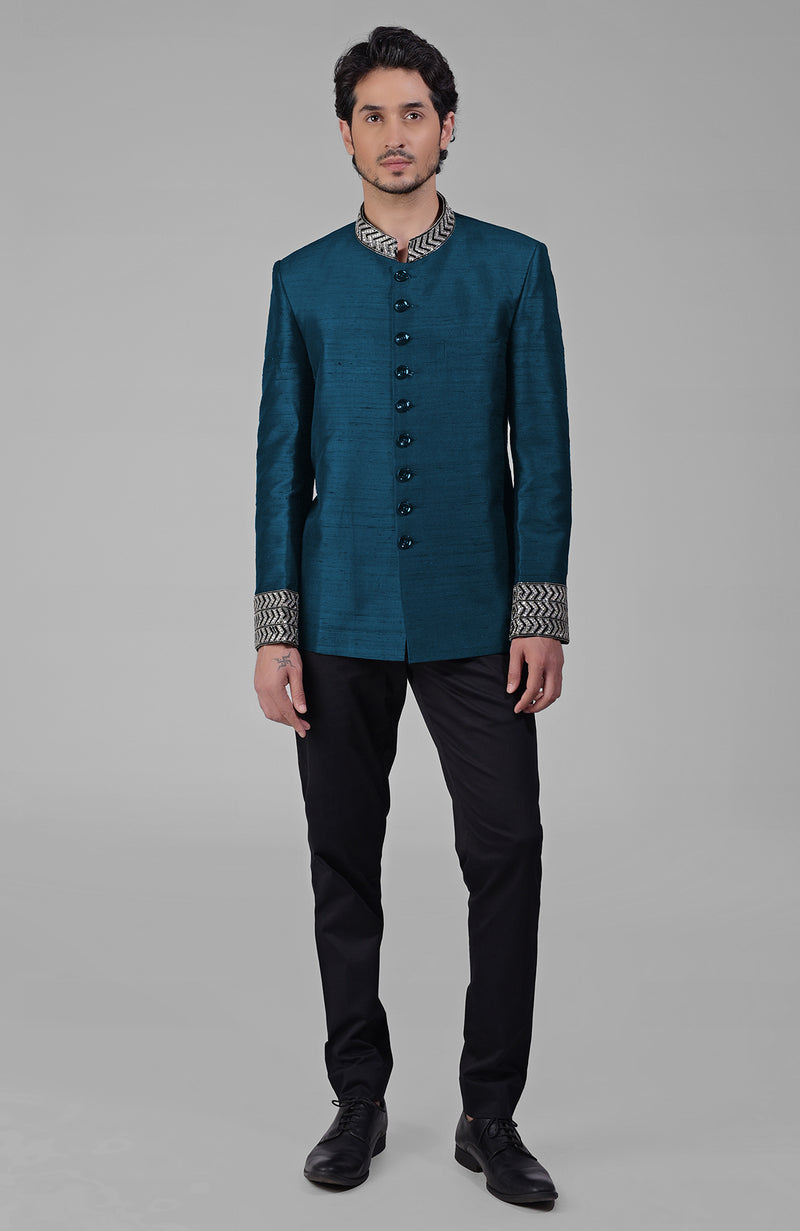 Teal Zardozi Hand Embroidered Silk Bandhgala Jacket