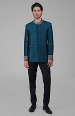 Black Zardozi Hand Embroidered Silk Bandhgala Jacket Set