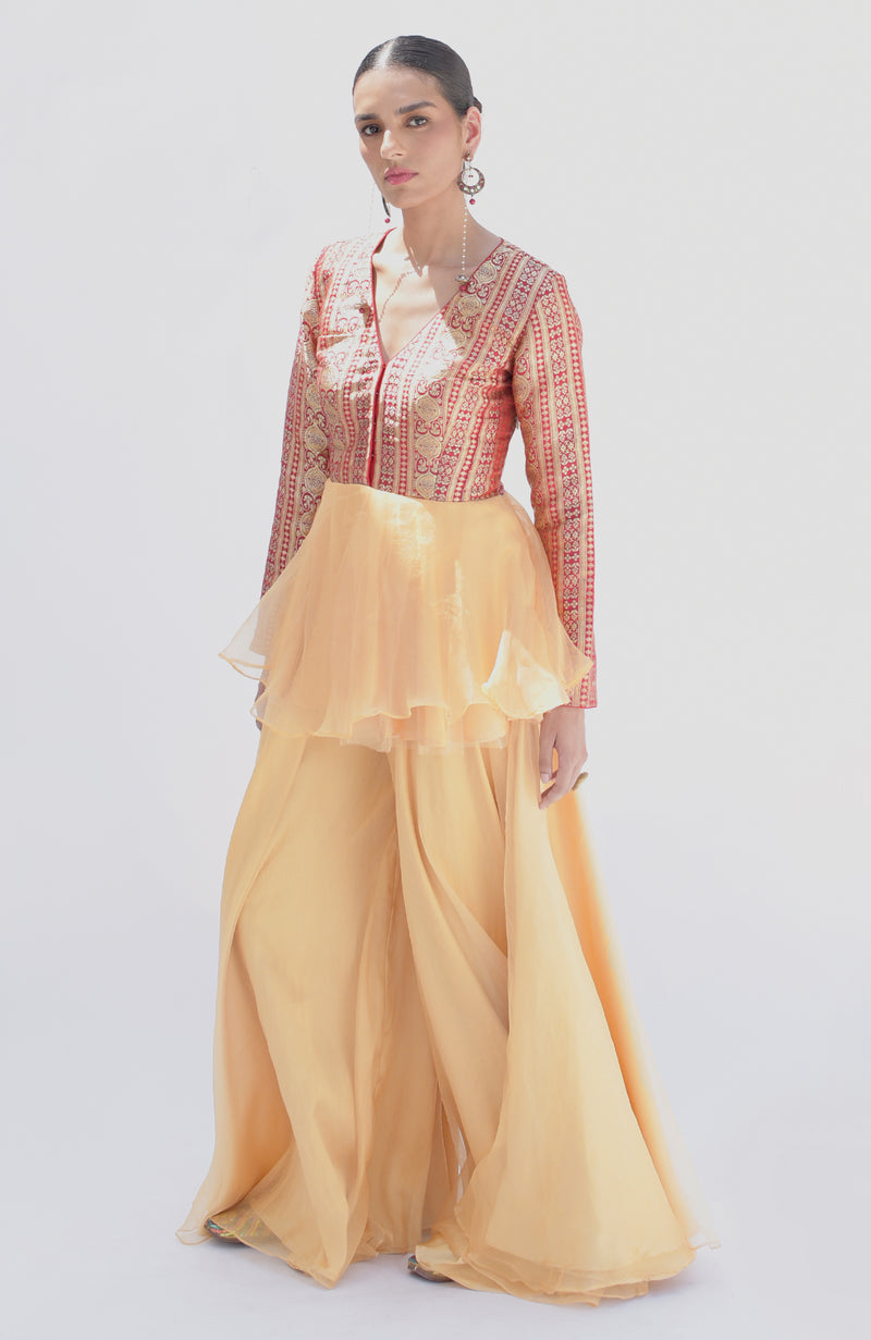 Rangkat Banarasi Handwoven Peplums with Gold Sharara