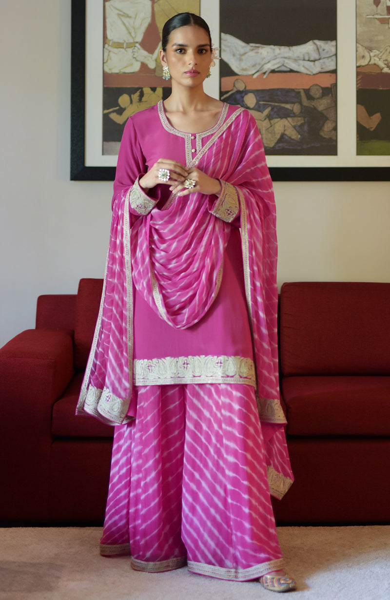 Tomato Red Leheriya Handcrafted Tie Dye & Kashmiri Tilla Sharara Set