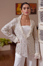 White Frost Hand Embroidered Jacket with Jumpsuit