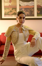 White-Gold Hand Embroidered Jacket with Jumpsuit