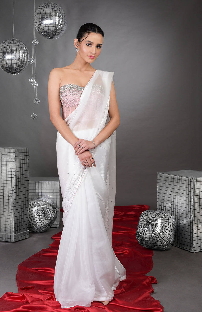 Amor Hand Embroidered Corset with Silver Light Saree