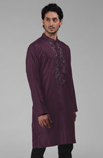 Wine Silk Kurta With Floral Embroidered Placket Detail