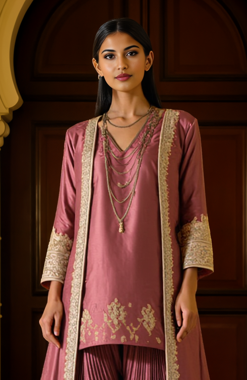 Rapture Rose Silver Embroidered Jacket Dhoti Set