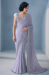 Lilac Mist Naira crystal and beads hand embroidered saree with feather accent blouse.