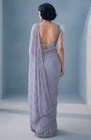 Lilac Mist Naira crystal and beads hand-embroidered saree with feather accent blouse.
