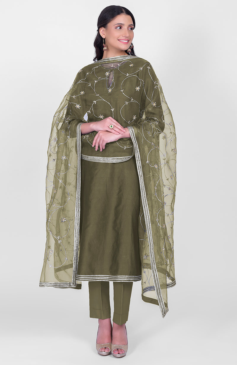 Martini Olive Kasab Gota & Sequin Kurta Set With Dupatta