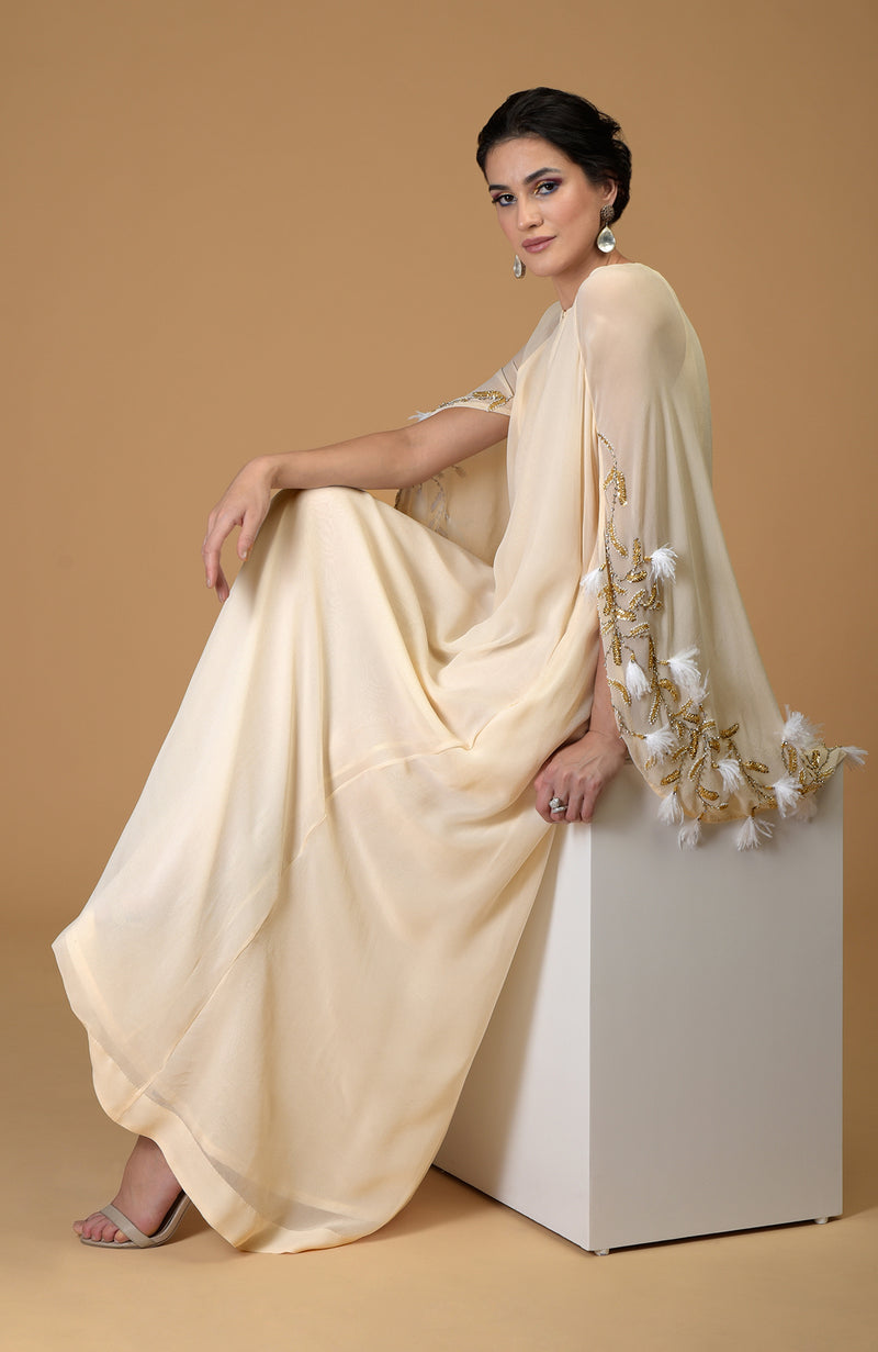 One Shoulder Scuba Gown With Chiffon Cape – Terijon.com