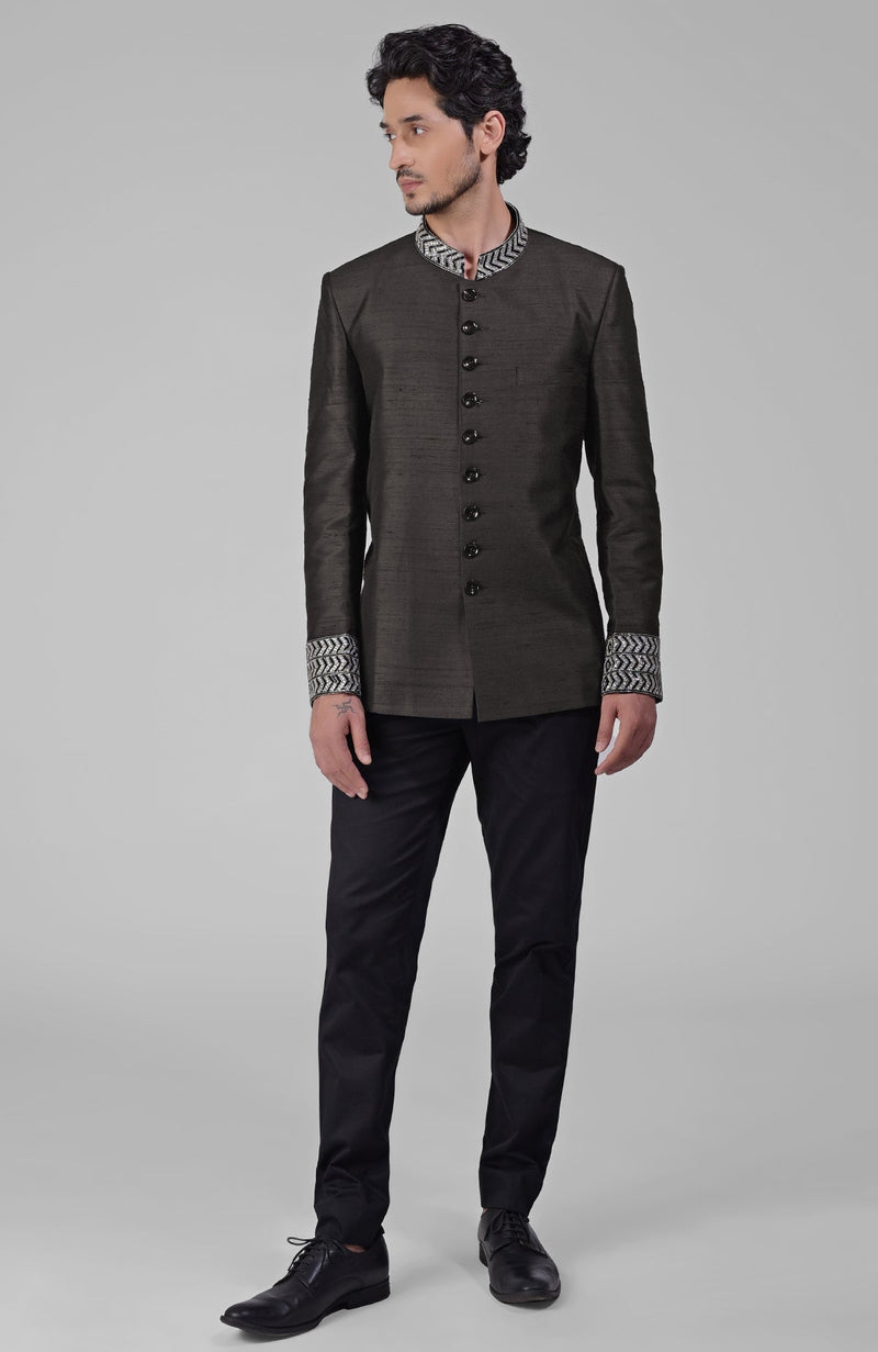 Charcoal Grey Zardozi Hand Embroidered Silk Bandhgala Jacket