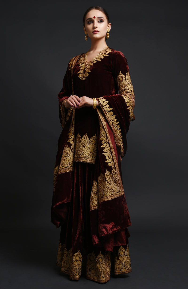 Burgundy Kashmiri Tilla Aari Embroidered Lehenga Set