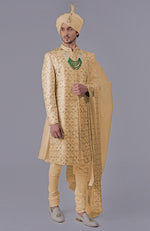 Ivory Gold Floral Zardozi Embroidered Silk Sherwani Set