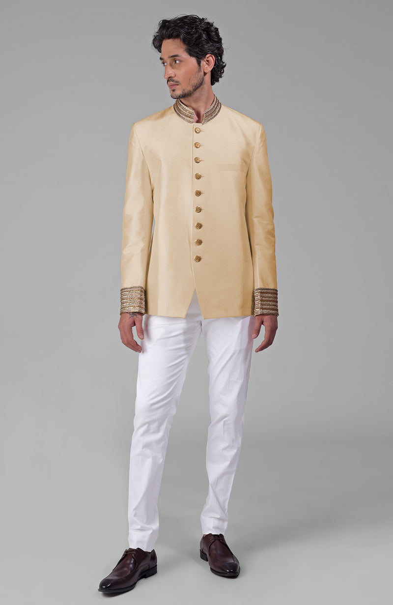Ivory-Gold Zardozi Hand Embroidered Silk Bandhgala Jacket Set