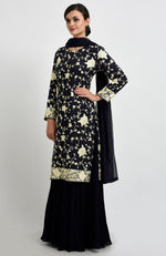 Midnight Blue Parsi Gara & Sequins Embroidery Suit With Dupatta
