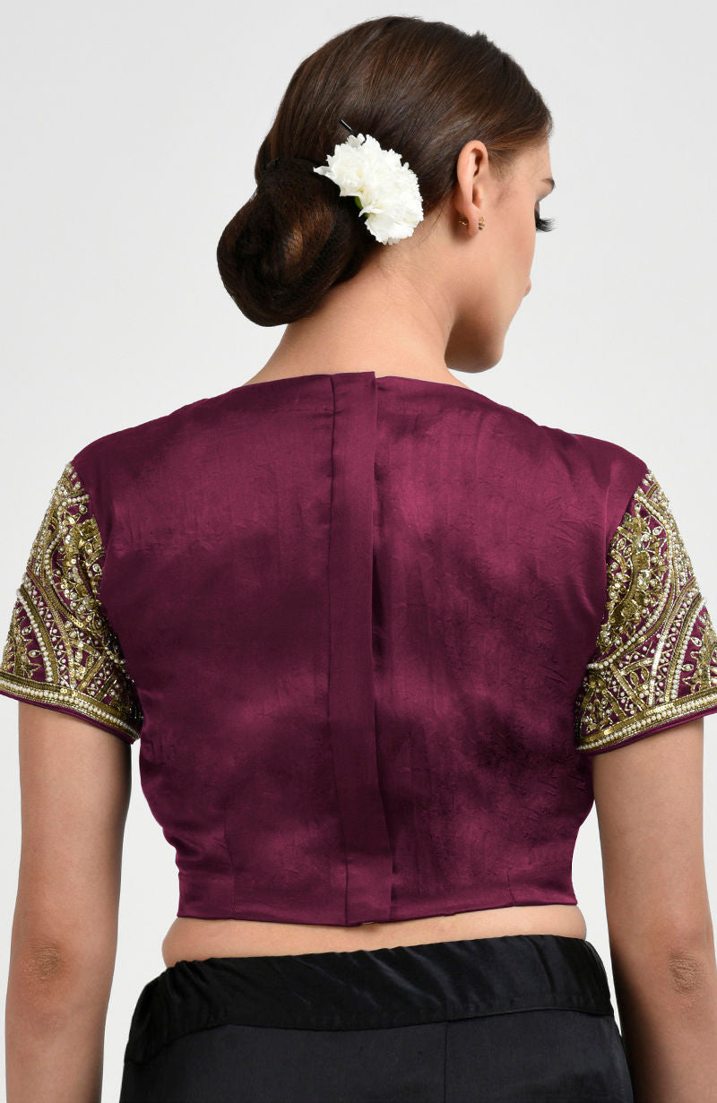 Burgundy Zardozi and Pearl Beads Hand Embroidered Blouse
