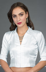 Silvery White Pure Satin Silk Collared Blouse