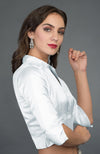 Silvery White Pure Satin Silk Collared Blouse