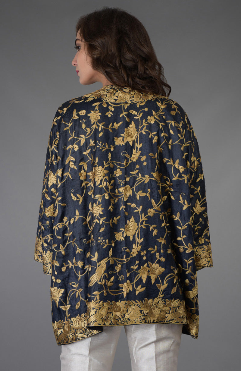 Charcoal Blue Parsi Gara Embroidered Kimono Jacket