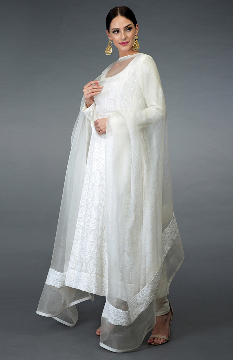 White Chikankari Hand Embroidered Anarkali Suit