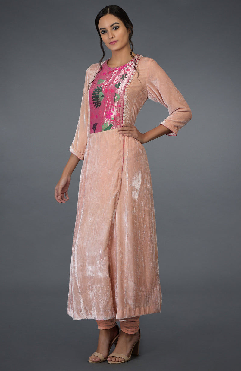 Pressed Rose Silk Velvet Banarasi Meenakari Kalidaar Suit
