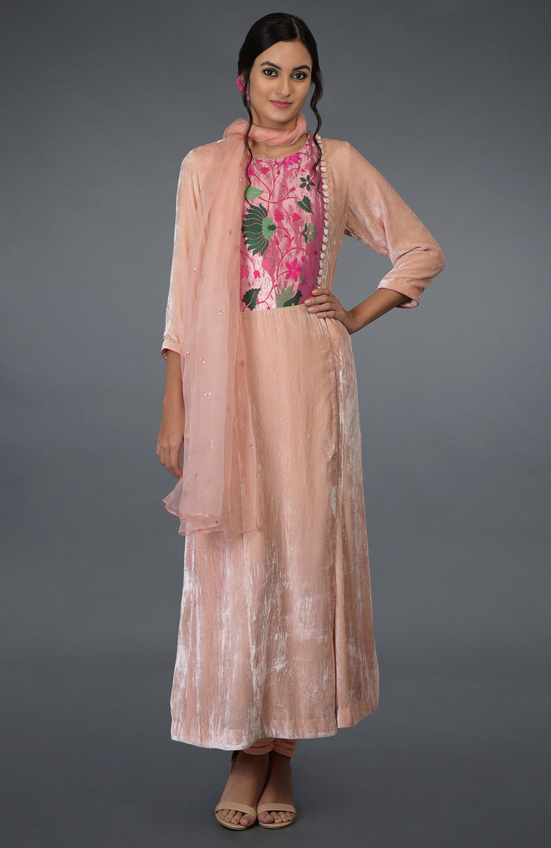 Pressed Rose Silk Velvet Banarasi Meenakari Kalidaar Suit