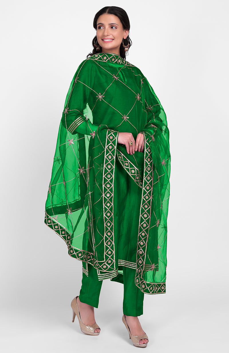 Classic Green Gota Kasab & Sequin Kurta Set With Dupatta