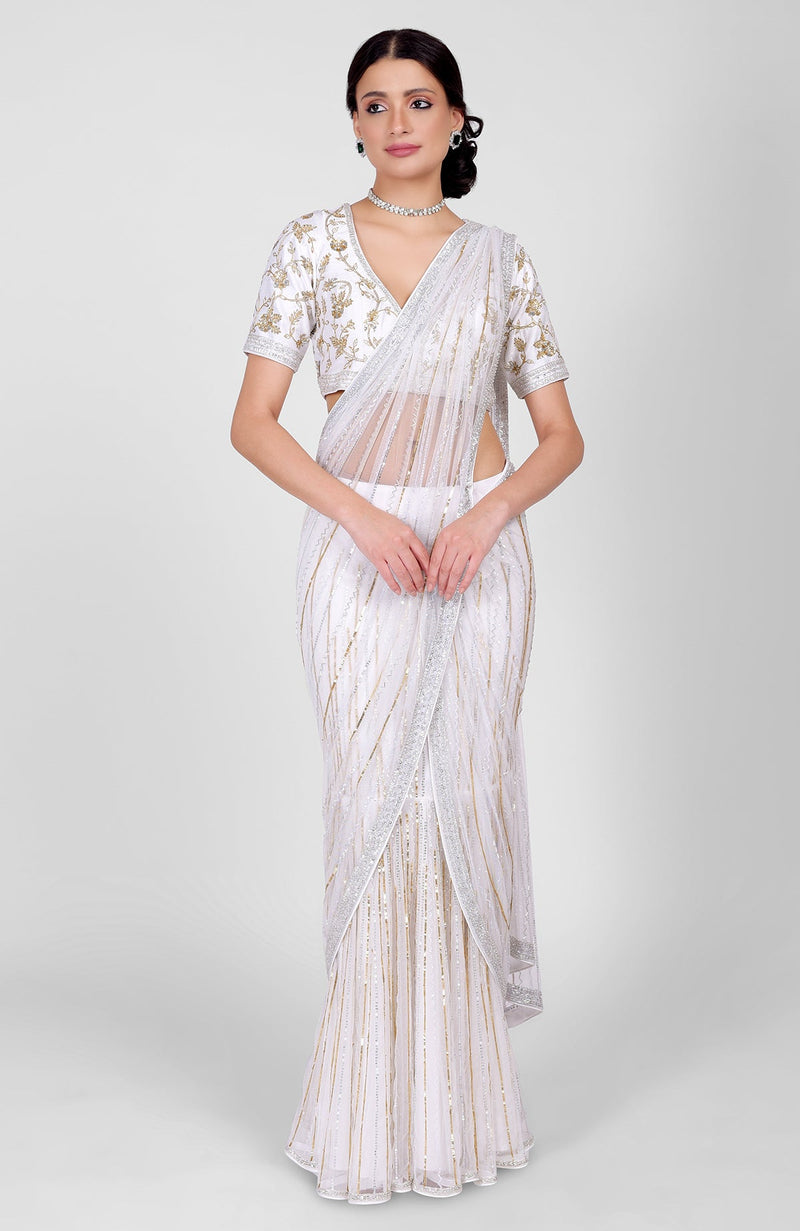 White Shower Sequin & Beads Hand Embroidered Saree