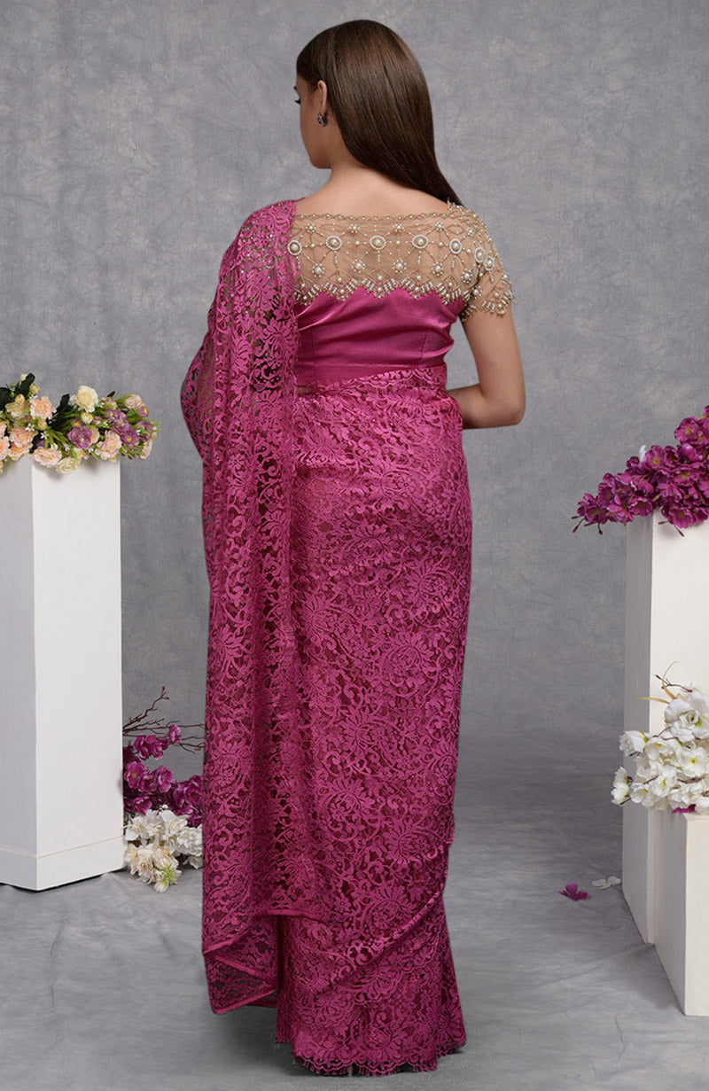 Deep Pink French Chantilly Lace Saree With Hand Embroidered Blouse