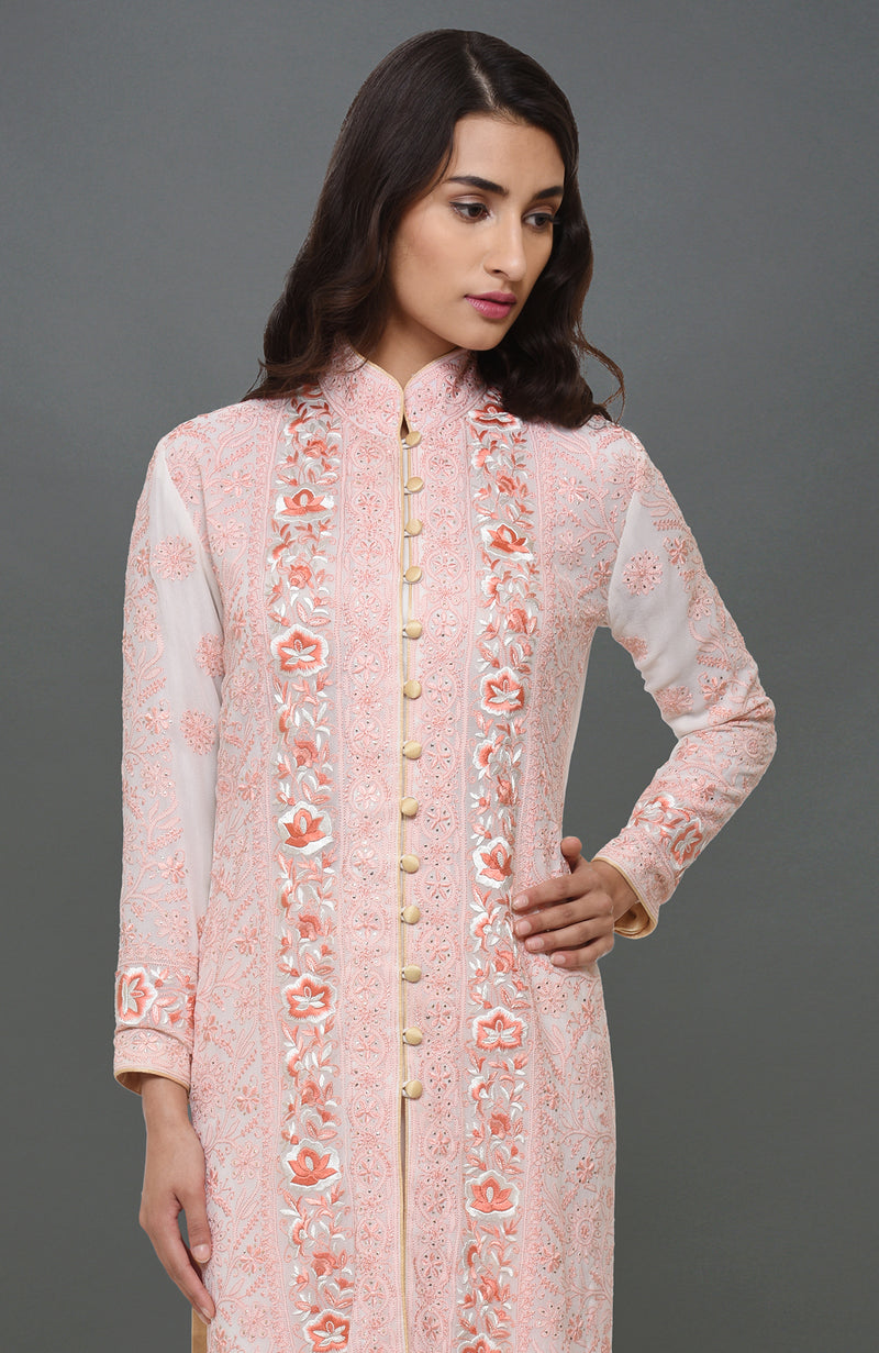 Ivory-Peach Chikankari & Parsi Gara Embroidered Jacket Suit
