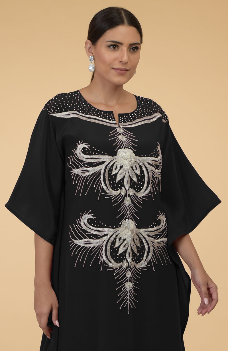 Black- Silver Crystal and Beads Embroidered Kaftan