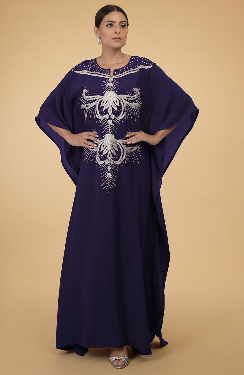 Teal- Silver Crystal and Beads Embroidered Kaftan