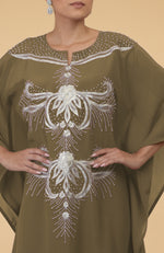 Olive- Silver Crystal and Beads Embroidered Kaftan