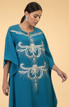 Teal- Silver Crystal and Beads Embroidered Kaftan
