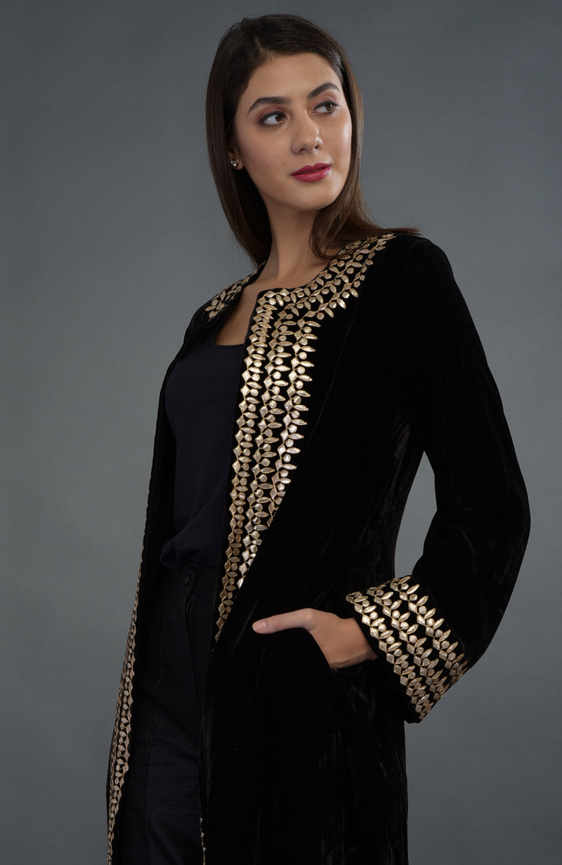 Black Gota Patti Hand Embroidered Silk Velvet Jacket