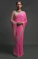 Carnation Pink Kashmiri Tilla Embroidered Pure Georgette Saree
