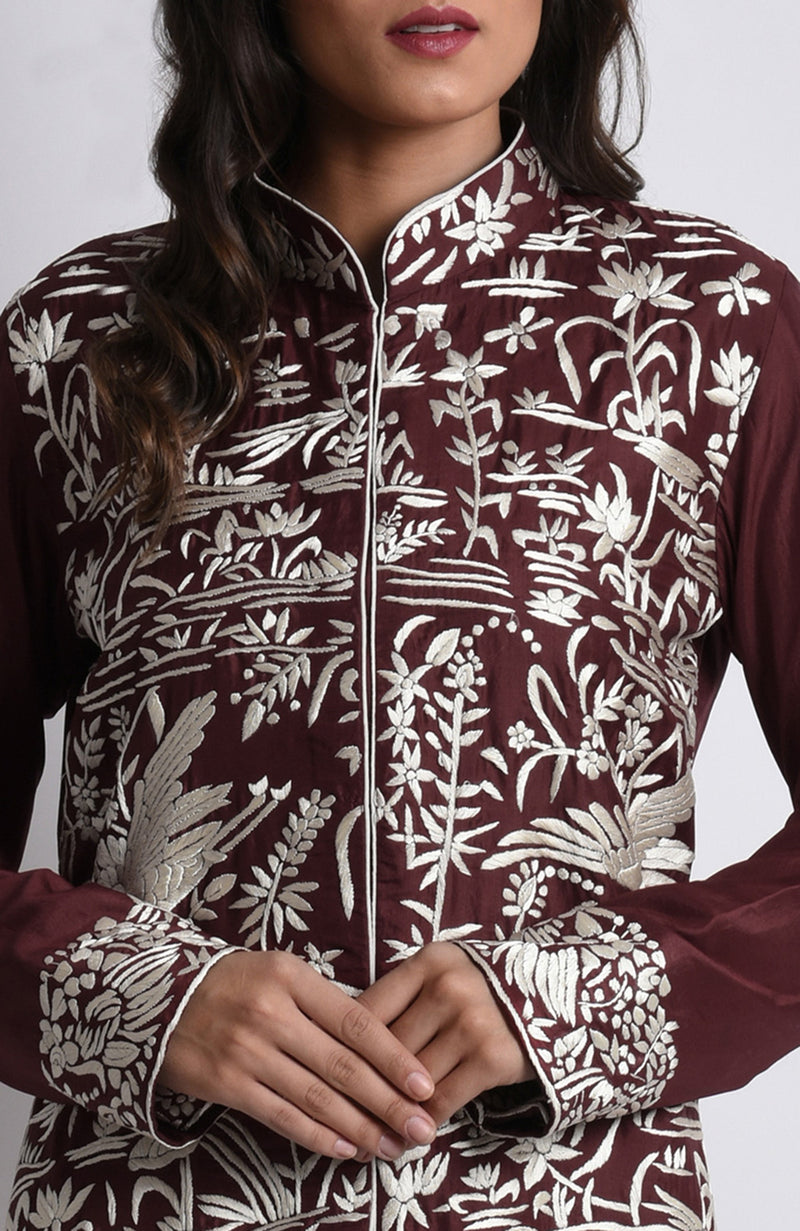 Maroon Parsi Gara Embroidered Jacket Set