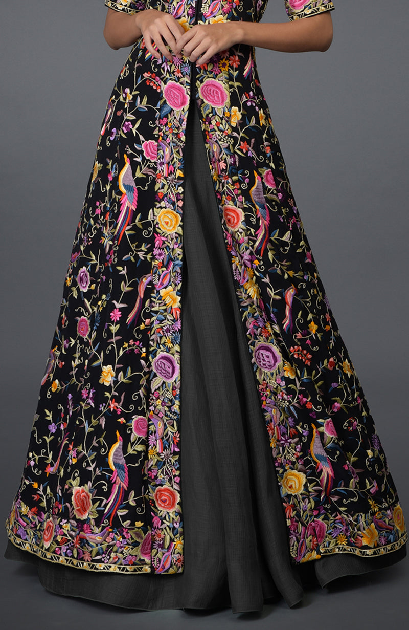 Black Parsi Gara Embroidered Flared Jacket and Skirt Set