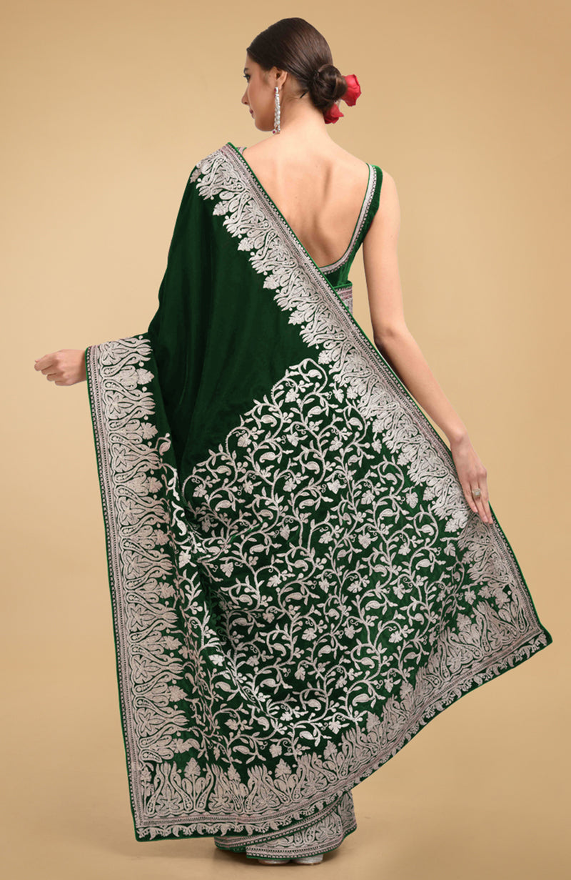 Bottle Green Kashmiri Silver Tilla Aari Embroidered Velvet Saree