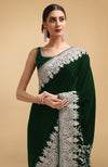 Bottle Green Kashmiri Silver Tilla Aari Embroidered Velvet Saree