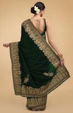 Bottle Green Kashmiri Gold Tilla Aari Embroidered Velvet Saree