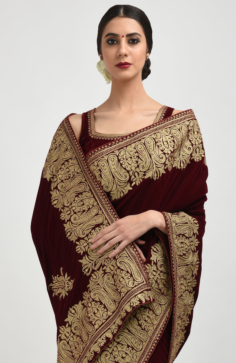 Burgundy Kashmiri Gold Tilla Aari Embroidered Velvet Saree