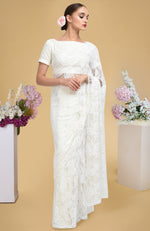 Ivory French Chantilly Lace Saree WIth Pearl Beaded Hand Embroidered Blouse