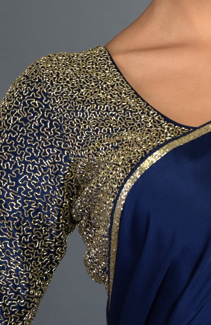 Midnight Blue Zardozi Hand Embroidered Saree and Blouse