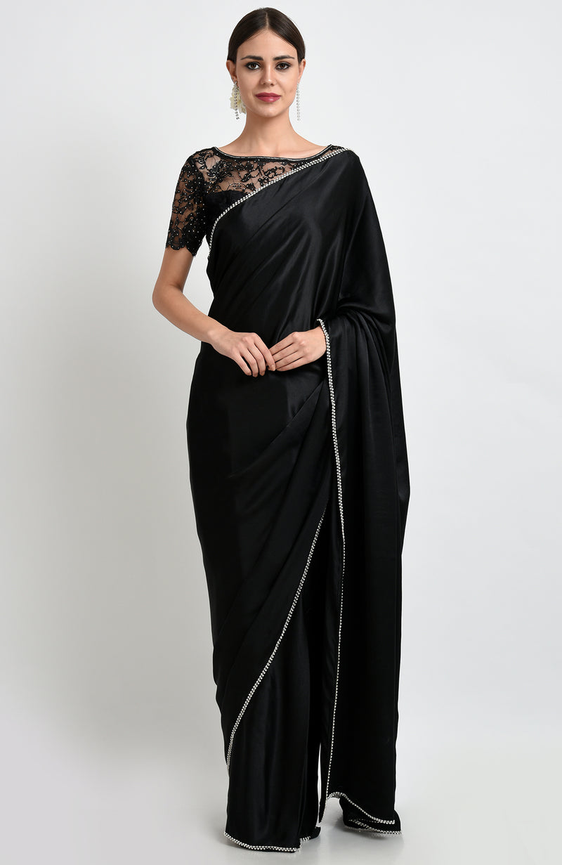 Black Hand Embroidered Crystal Saree & Lace Blouse